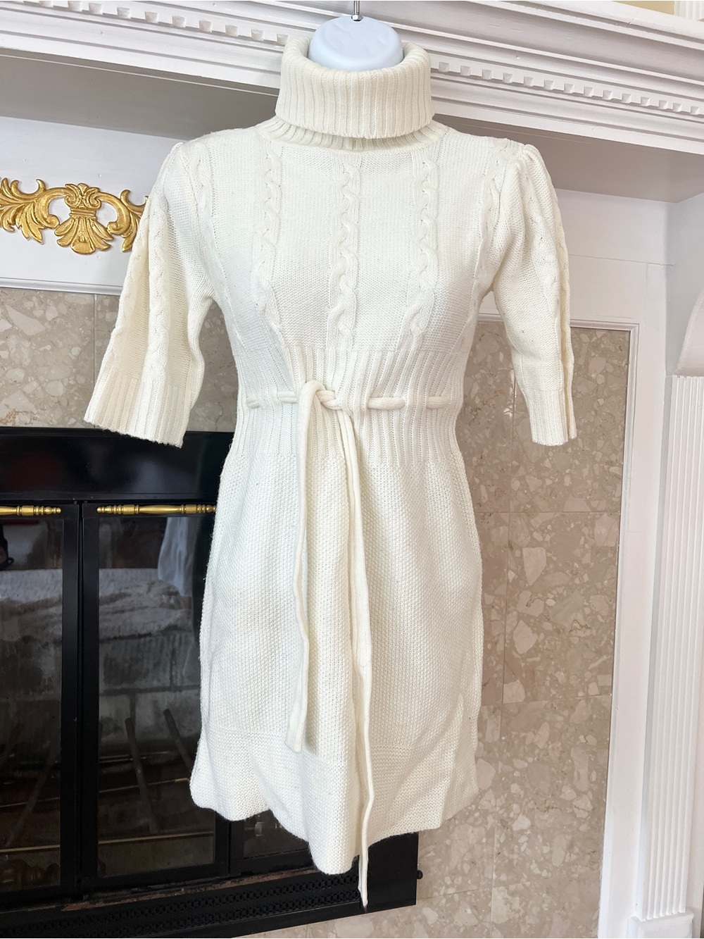 Joyce Leslie Cream Turtleneck Cable Knit Dress with Waist Tie